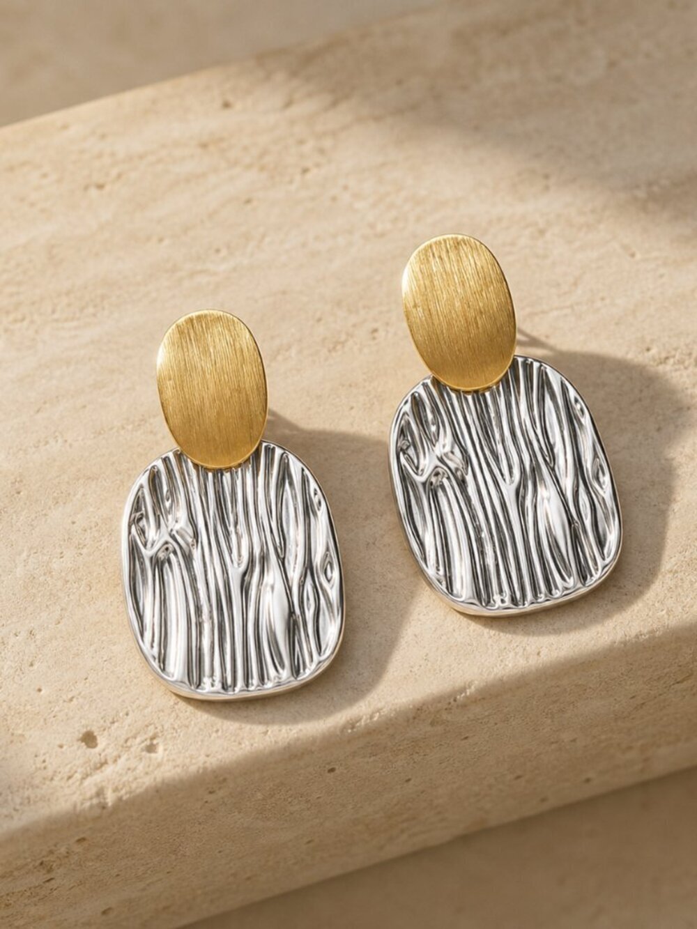 18K Gold Plated SS Old Money Two Tone Mixed Metal Drop Statement Earrings 2" - Picture 8 of 16